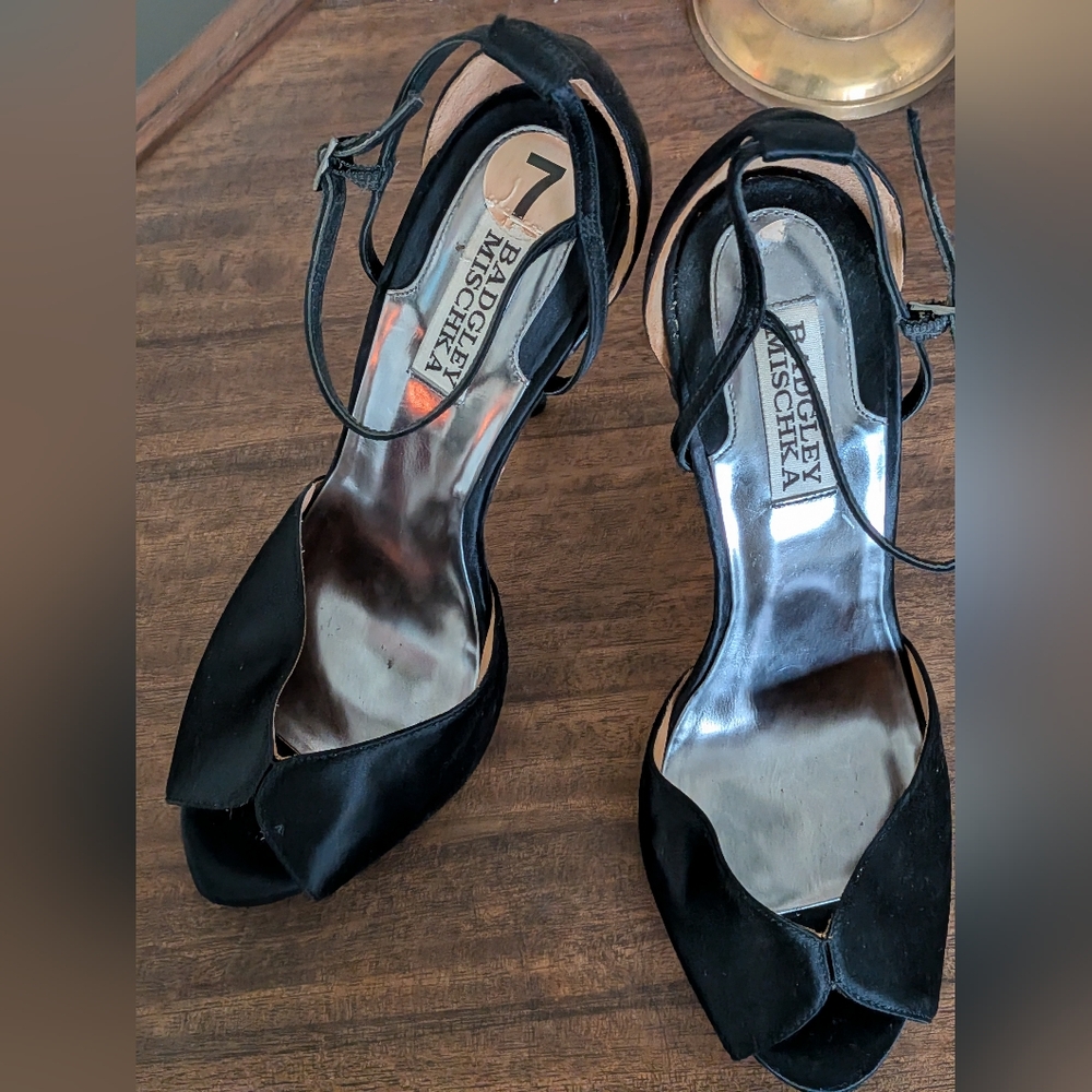 Badgley Mishka Black Satin Peep Toe Rhinestone Stiletto Heels - Picture 8 of 11